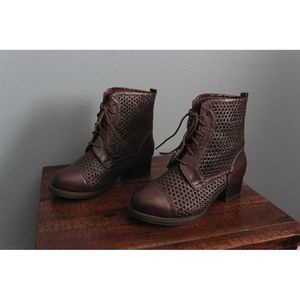 Brown Faux Leather Perforated Lace-up Ankle Boots